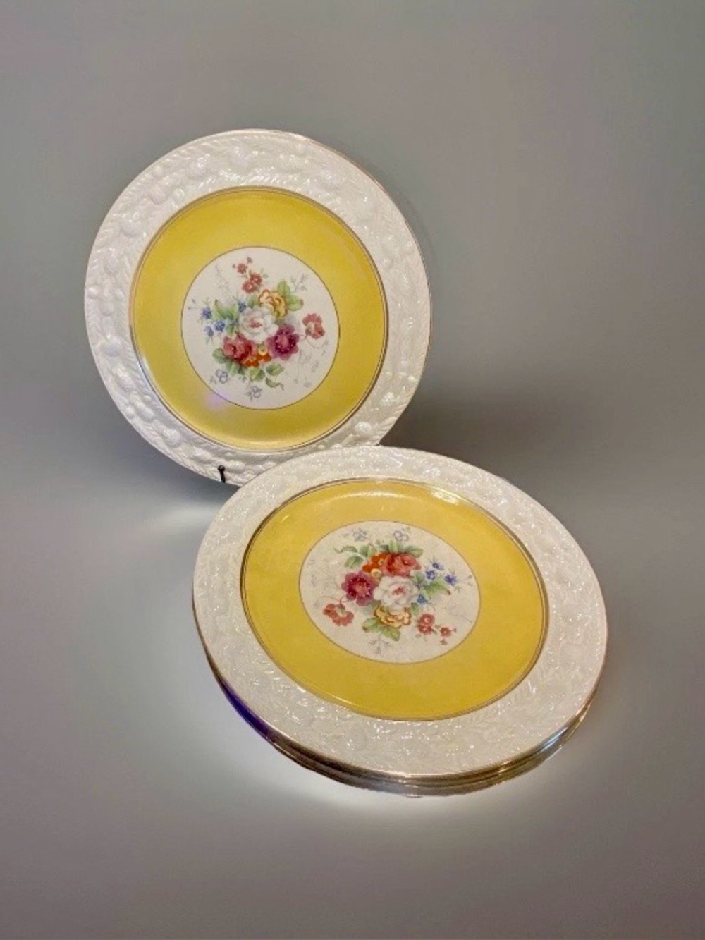 Adams Titan Ware Floral Center Dinner Plates 11 Gold Embossed Rim Set of 4 EUC